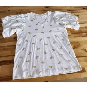 Chicos Shirt Pineapple Gold Foil Puff Sleeve Size 2 Large White Vneck T Shirt